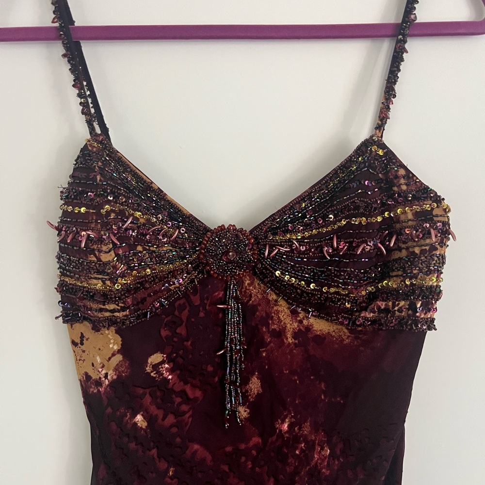 Sue Wong Burgundy and Gold Beaded Strapless Cocktail Dress